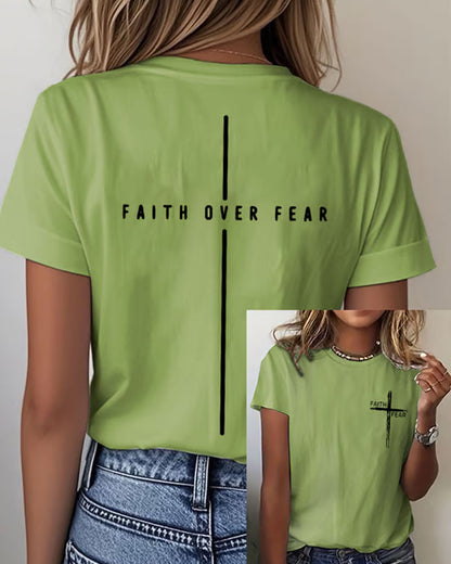 FAITH OVER FEAR Vertical Cross Printed Short Sleeve Tee