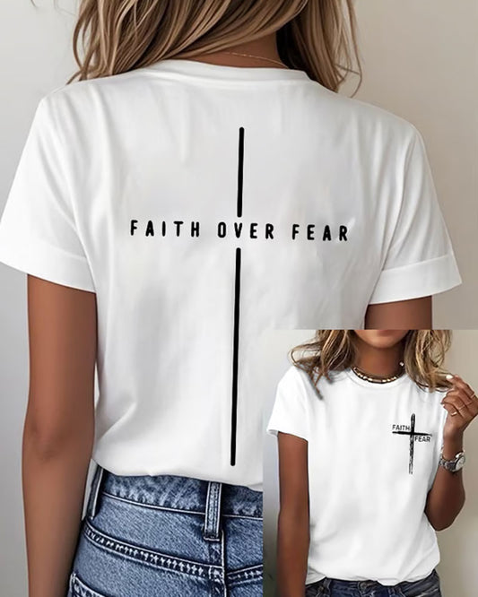 FAITH OVER FEAR Vertical Cross Printed Short Sleeve Tee