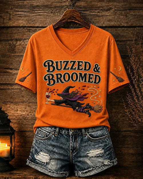 100% Cotton Halloween Wine Witch V Neck Short Sleeve Tshirt