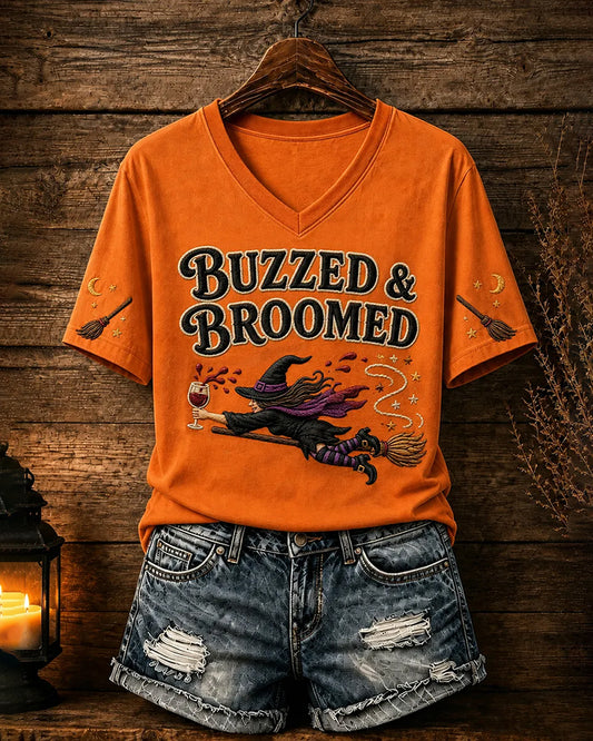 100% Cotton Halloween Wine Witch V Neck Short Sleeve Tshirt