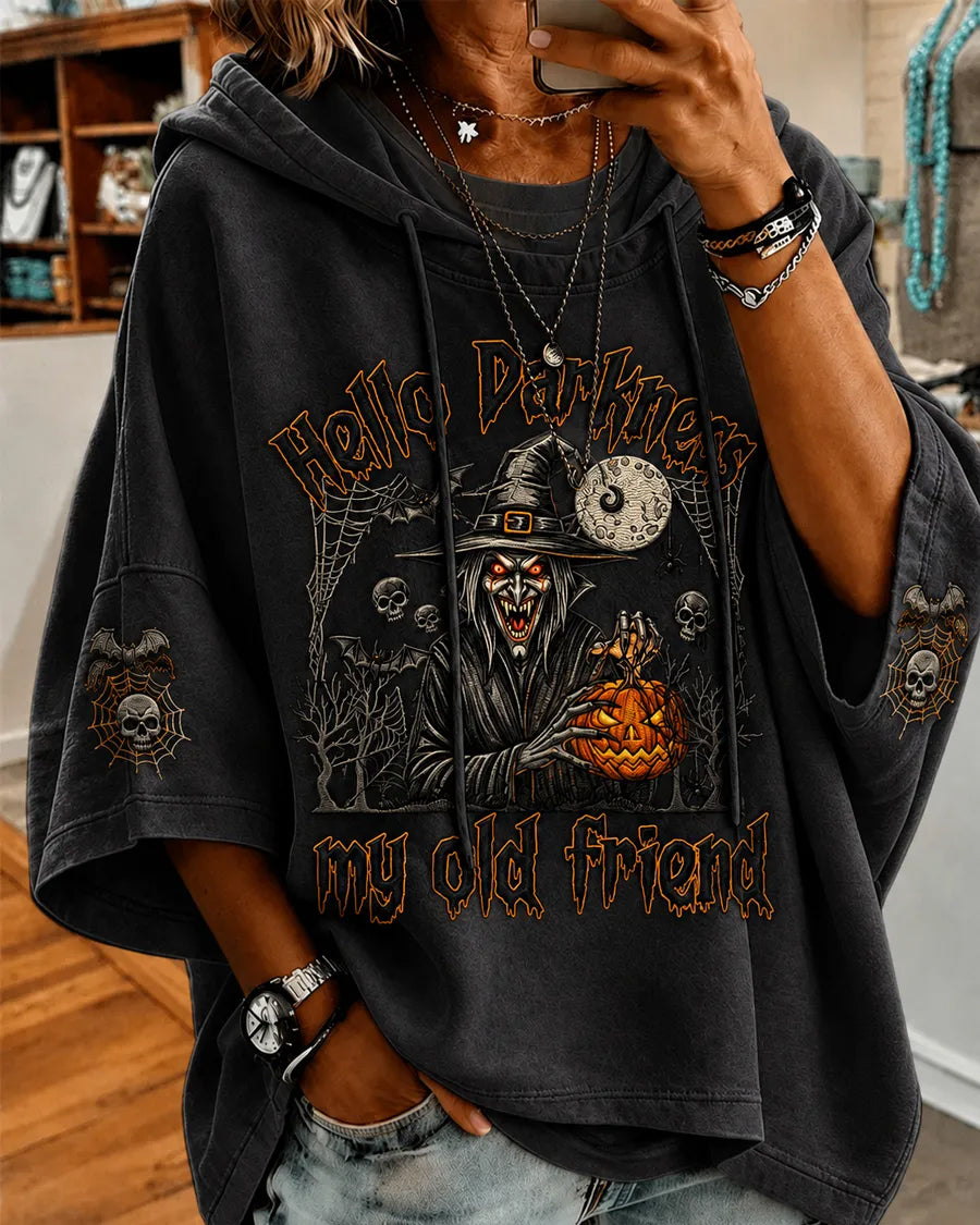 Women's Hello Darkness My Old Friend Witch Print Loose Hooded Hoodie