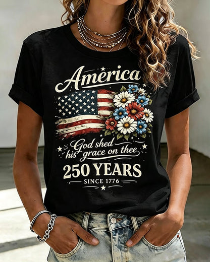 100% Cotton Flag Floral Faith Print Crew Neck Short Sleeve Tshirt