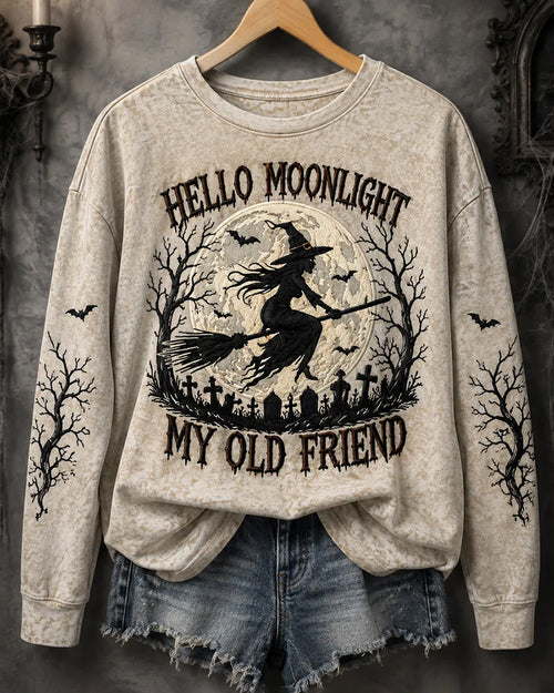 Women's Funny Halloween Witch Hello Darkness My Old Friend Print Round Neck Sweatshirt
