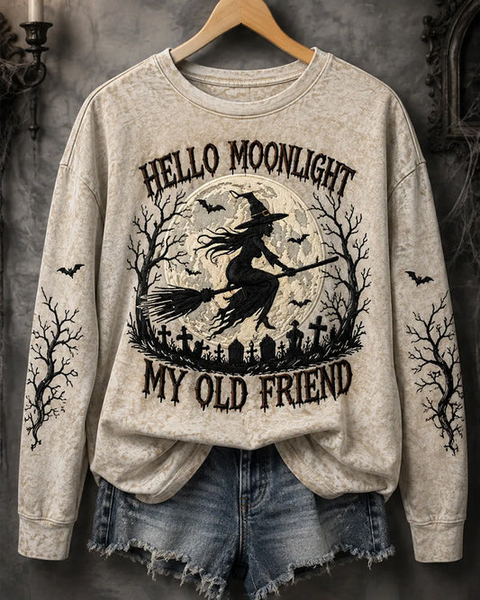 Women's Funny Halloween Witch Hello Darkness My Old Friend Print Round Neck Sweatshirt