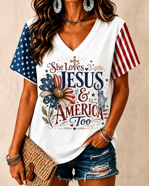 She Loves Jesus and America Too Print V-neck Short Sleeve Tshirt