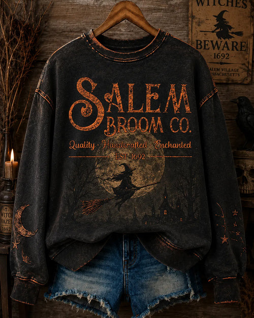 Women's Halloween Salem Broom Company Printed Round Neck Sweatshirt