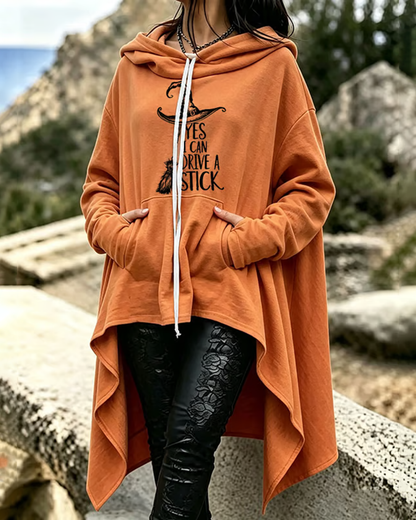 Women's Halloween Witch Hat Printed Loose Irregular Hoodie
