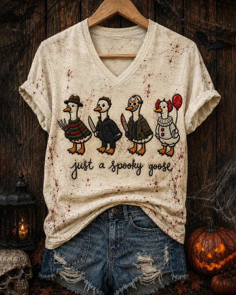 Women's Halloween “just a spooky goose” Printed V-neck T-shirt