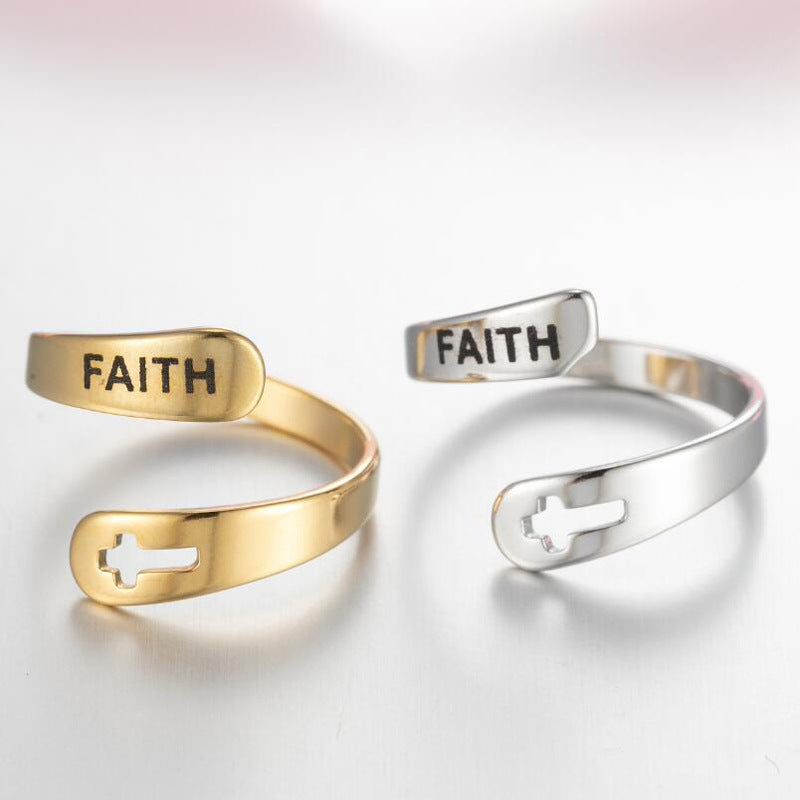 Cross Double Layer Faith Letter Ring Opening Adjustable