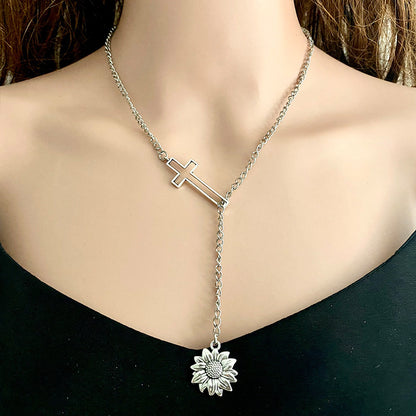 Vintage Sunflower Cross Cactus Western Denim Necklace