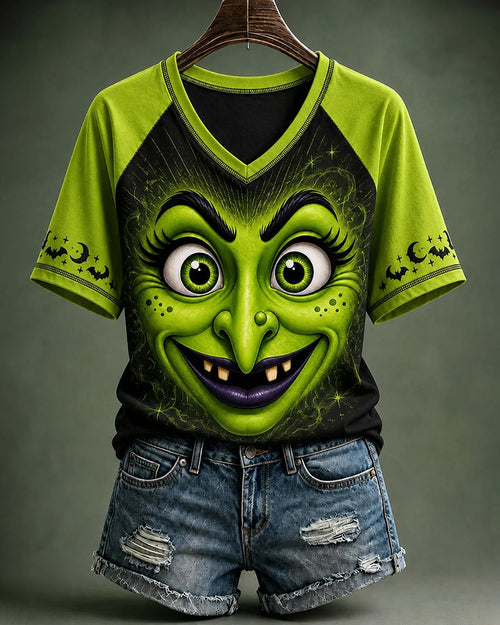 Women's Halloween  Halloween Witch Face Printed V-neck Short Sleeve T-Shirt