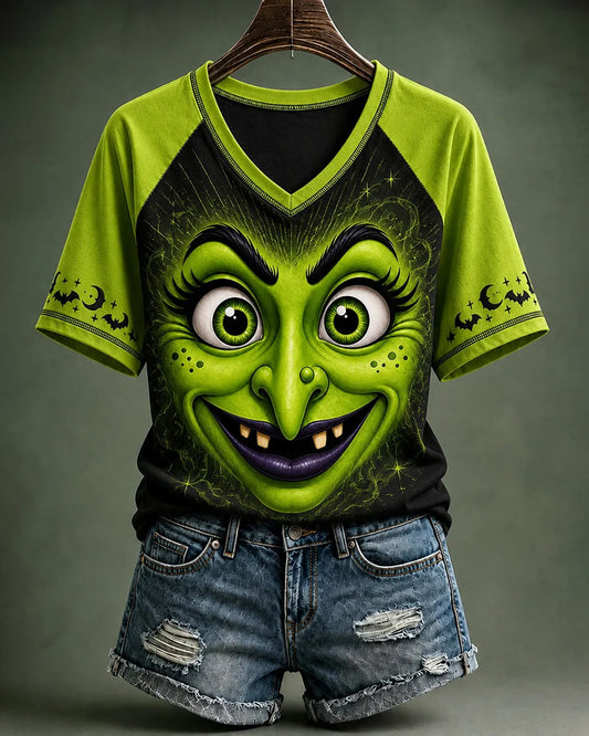 Women's Halloween  Halloween Witch Face Printed V-neck Short Sleeve T-Shirt