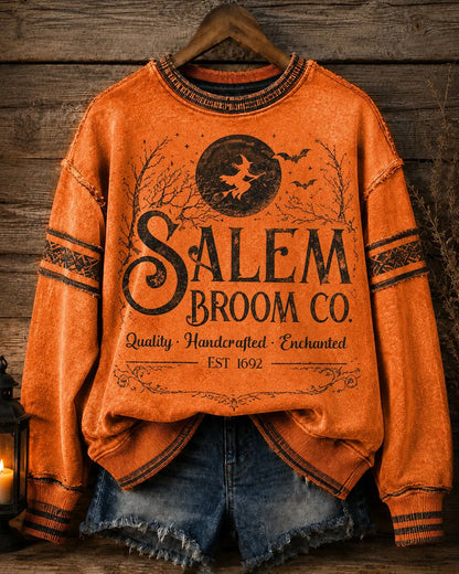 Women's Halloween Salem Broom Company Printed Round Neck Sweatshirt