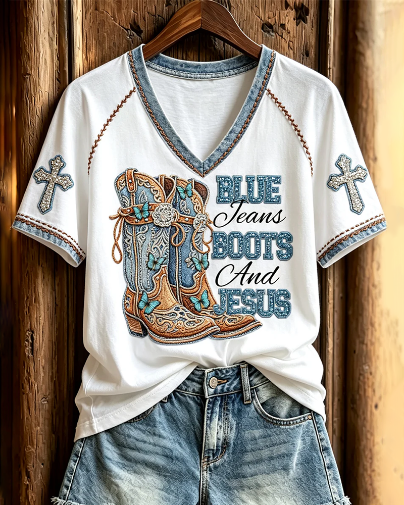 Boots and Jesus Print V-neck Short Sleeve Tshirt