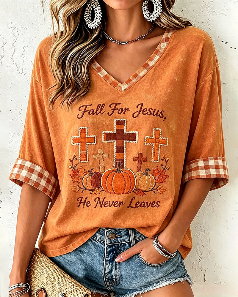 Fall for Jesus Print V-neck Loose T-shirt