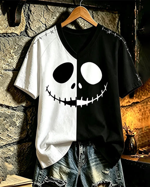 Women's Halloween Demon Face Color Blocking Printed T-Shirt