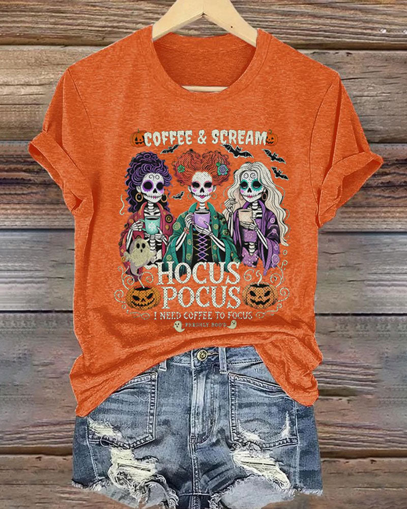 Women's Casual I Need Coffee to Focus Halloween Print Short Sleeve T-Shirt