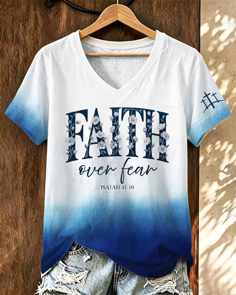 Blue-and-white Gradient FAITH Floral Scripture V-neck Short-sleeve T-shirt