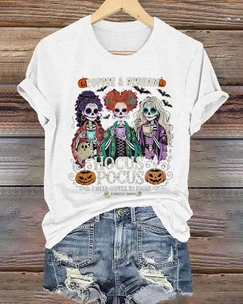 Women's Casual I Need Coffee to Focus Halloween Print Short Sleeve T-Shirt