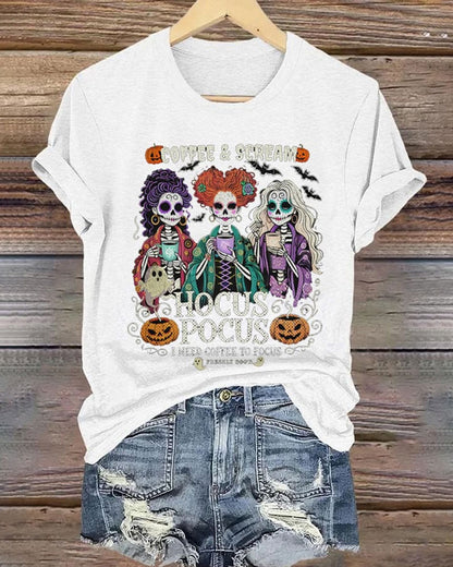 Women's Casual I Need Coffee to Focus Halloween Print Short Sleeve T-Shirt
