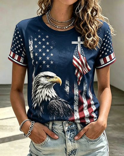 American Cross Flag Eagle Commemorative Print Round Neck Top
