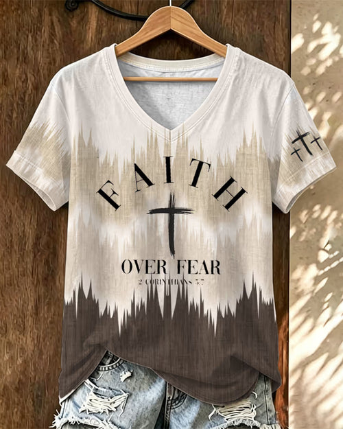 Brown Gray Gradient FAITH Cross Verses V-neck Short Sleeve T-shirt