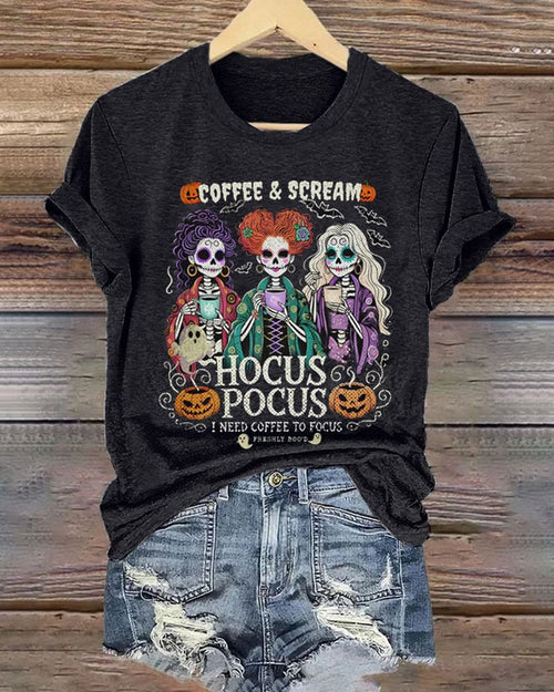 Women's Casual I Need Coffee to Focus Halloween Print Short Sleeve T-Shirt