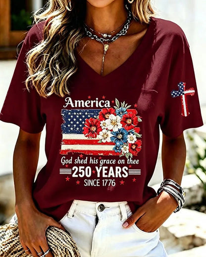 Women'S America Flower Print Printed T-Shirt