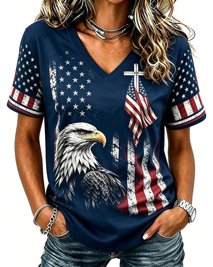 American Cross Flag Commemorative Print V-Neck Top