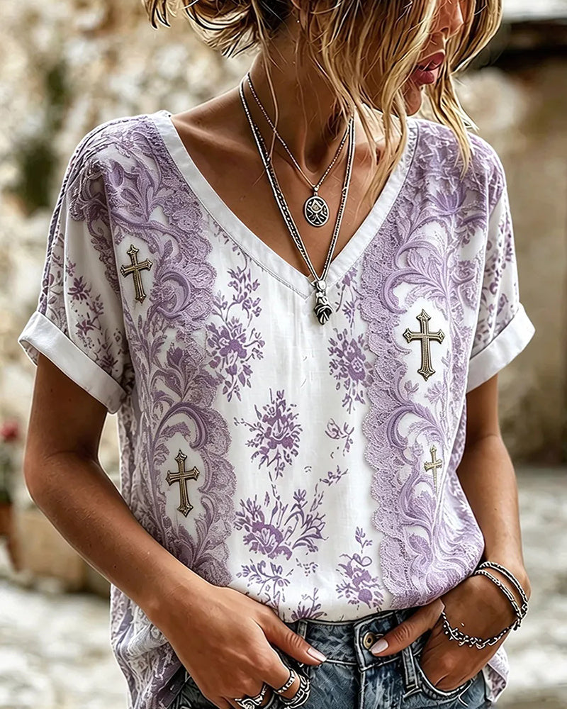 Vintage Floral Lace Patchwork Printed V-Neck Tee