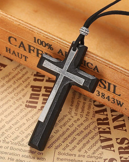 Vintage Handmade Double Layer Alloy Wood Cross Couple Necklace Car Hanging Accessories