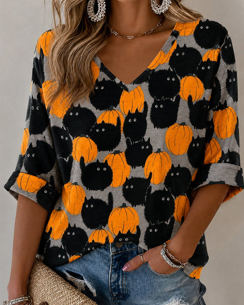 Women's Cute Fall Pumpkin Black Cats Print Half-Sleeve V-Neck T-Shirt