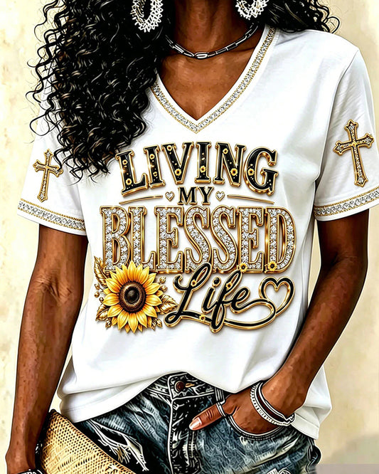 LIVING MY BLESSED LIFE Sunflower Cross V-Neck Short Sleeve T-Shirt