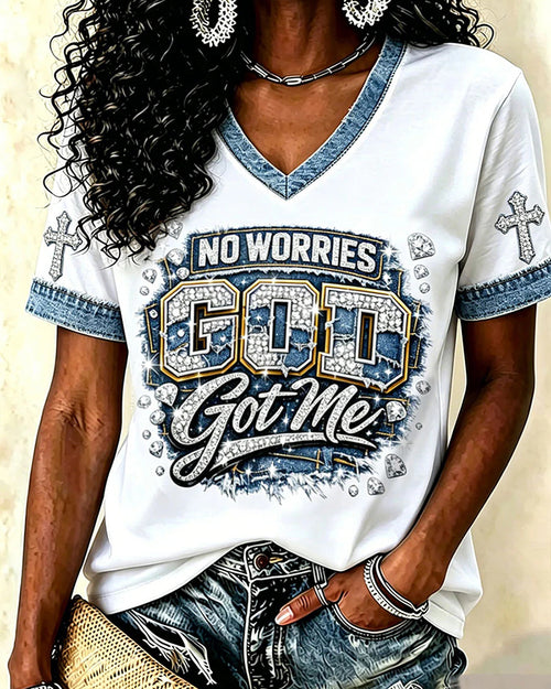 NO WORRIES GOD GOT ME Alphabet Cross V-Neck Short Sleeve T-Shirt