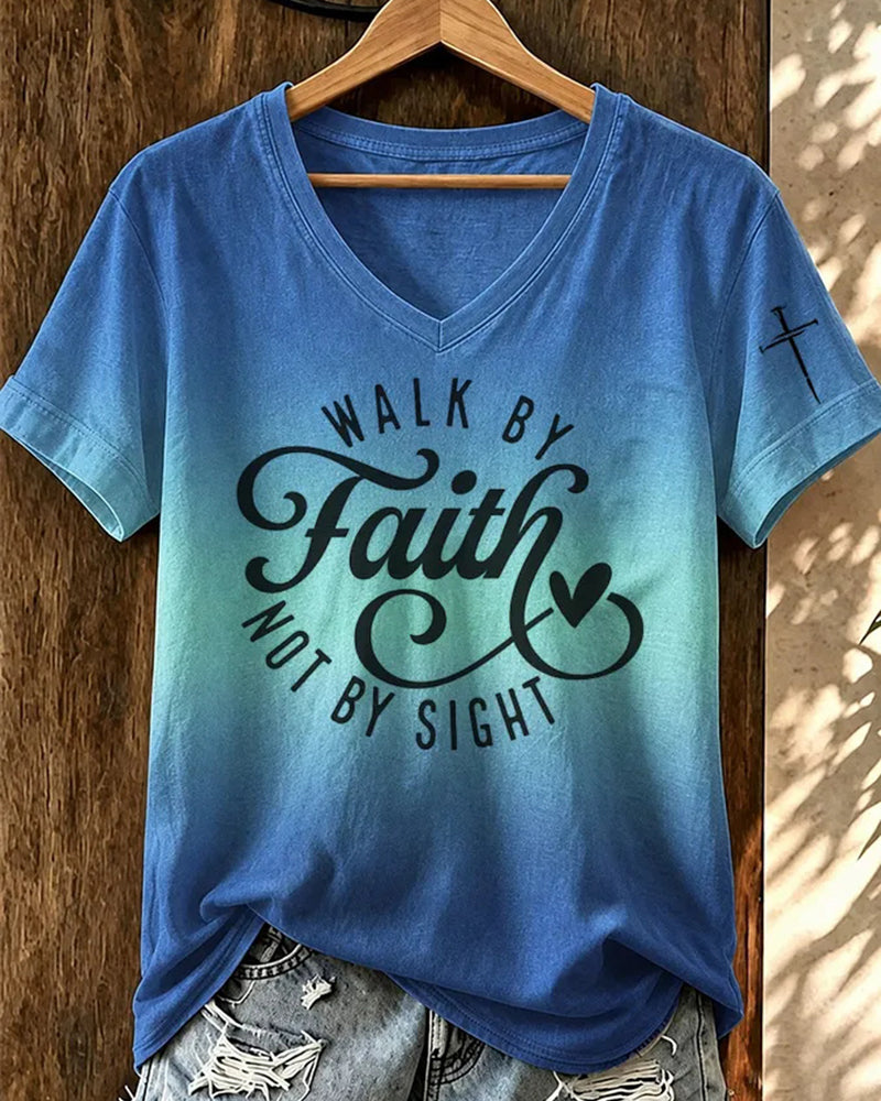 WALK BY FAITH Cross Printed V-Neck Short Sleeve Tee