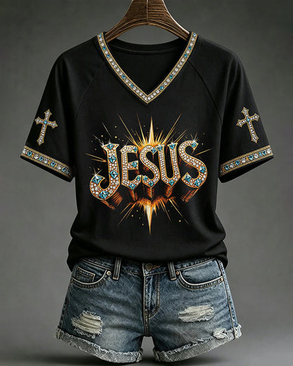 JESUS Radial Font Cross Diamond Print V-Neck Short Sleeve Tee
