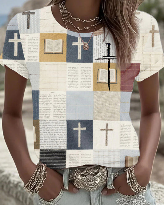 Plaid Patchwork Bible Book Cross Print  Short Sleeve Tee
