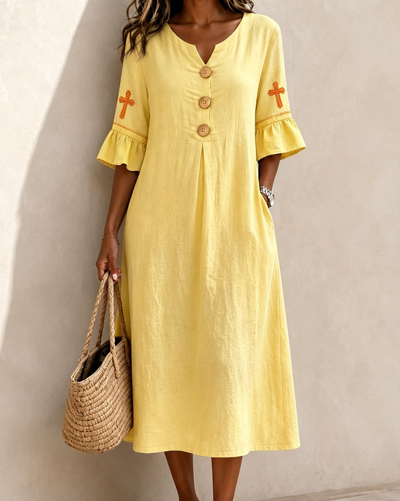 Cross V-Neck Wooden Buckle Midi Dress