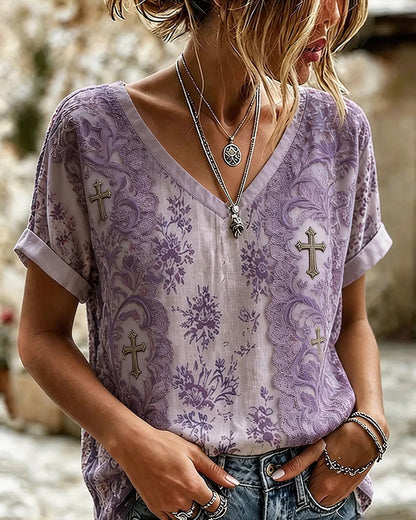 Vintage Floral Lace Patchwork Printed V-Neck Tee