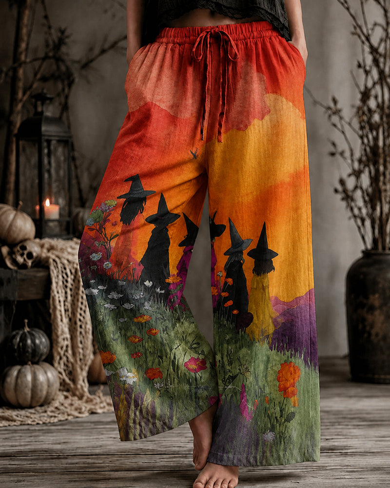 Ladies Halloween Oil Witch Flower Sea Print Trousers