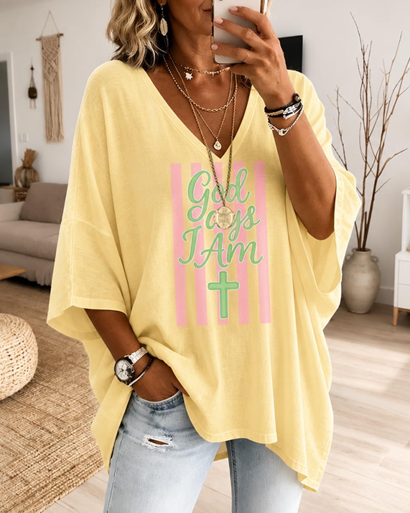 Vertical Stripe God Says I Am Cross Printed V-Neck 4/3 Sleeve Long V-Neck Tee