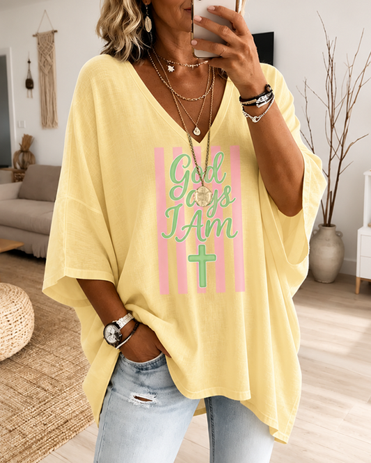 Vertical Stripe God Says I Am Cross Printed V-Neck 4/3 Sleeve Long V-Neck Tee