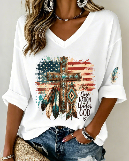 Distressed American Flag Turquoise Cross Print V-Neck 4/3 Sleeve Long Loose Tee