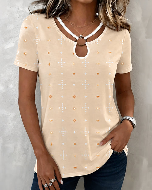Star Diamond Small Floral Print Hollow Short Sleeve T-shirt