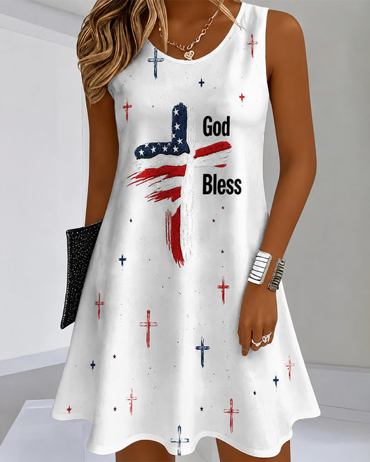 Cross God Bless Printed Crewneck Sleeveless Mini Dress