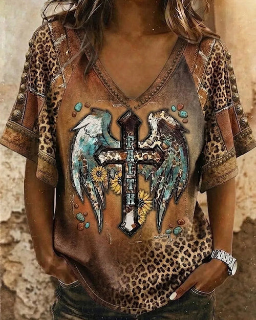 Western-style Wind Leopard-print Patchwork Wings Cross FAITH Sunflower Print V-neck Short-sleeve T-shirt
