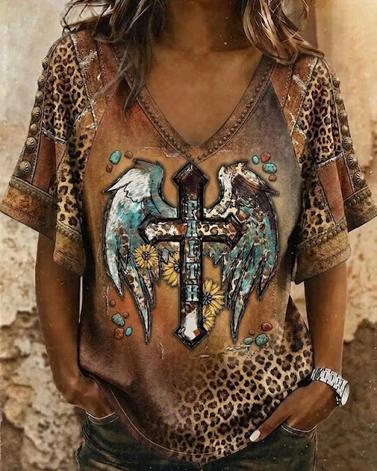 Western-style Wind Leopard-print Patchwork Wings Cross FAITH Sunflower Print V-neck Short-sleeve T-shirt