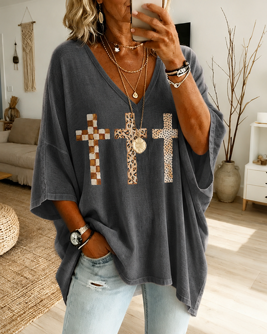 Plaid, Leopard Print, Polka Dot Patchwork, Cross-printed V-neck 3/4-sleeve T-shirt
