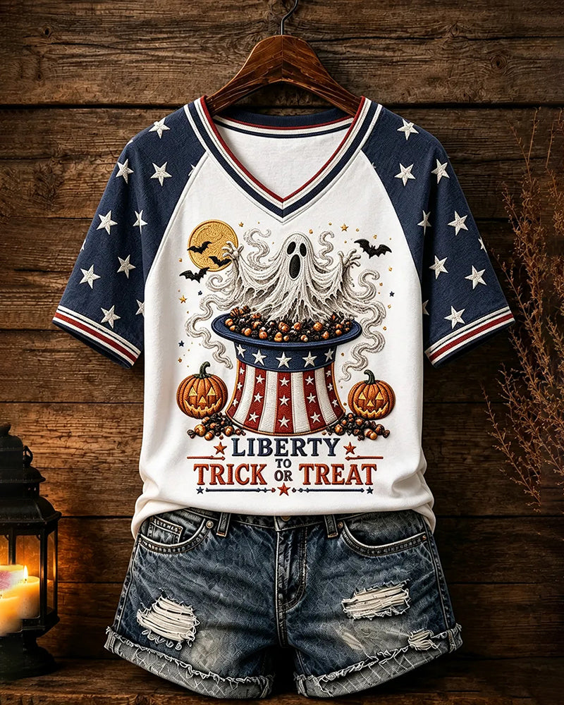 Women's Patriotic Design Halloween V-neck T-shirt