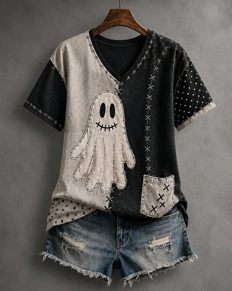 Black And White Stitching Ghost Patch Printed V-neck Short Sleeve T-shirt
